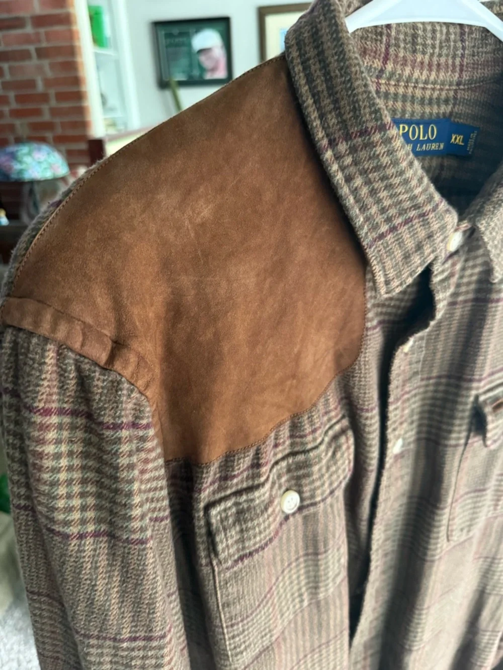 Ralph Lauren Brown Plaid Button-Down with Suede Shoulder - Picture 3 of 6